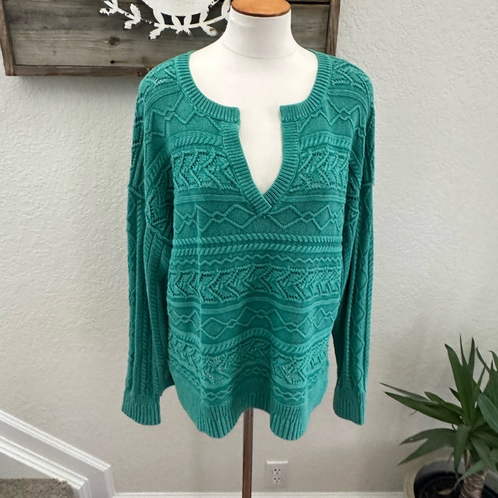 Sundance Rita Teal V-Neck cable knit Sweater‎ size Large NWT